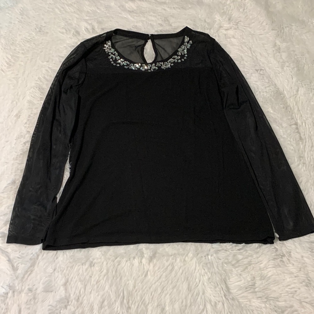 INC Holiday Top with Mesh Sleeves/Top and Beading, Size PL, Black